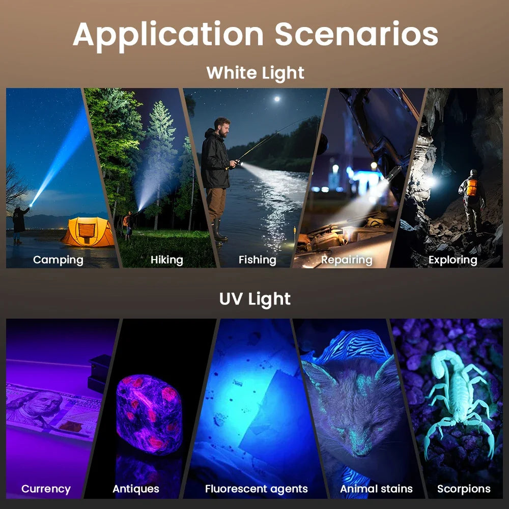 Rechargeable Dual Switch 3300LM 6500K Flashlight UV 365nm EDC Light 21700 USB C