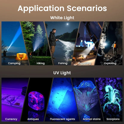 Rechargeable Dual Switch 3300LM 6500K Flashlight UV 365nm EDC Light 21700 USB C