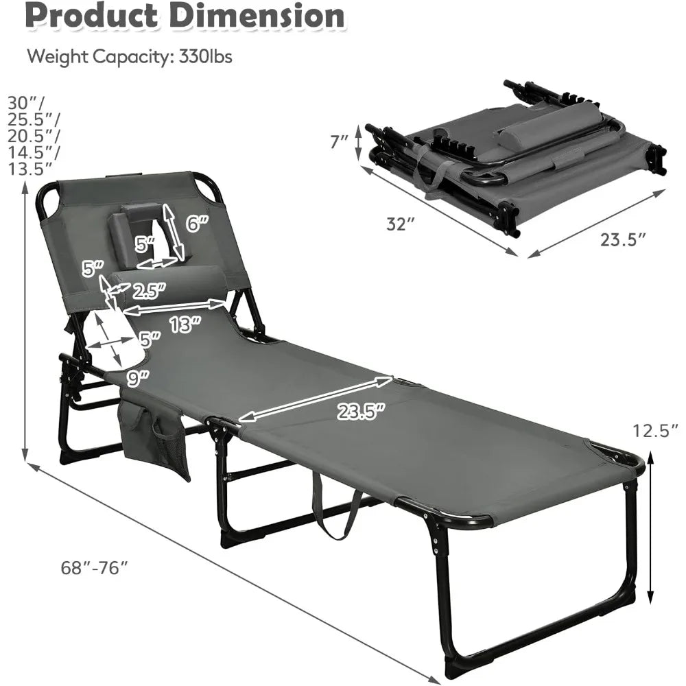 Beach Chaise Lounge Chair with Hole for Face, Patio Folding Adjustable Reclining Beach Sunbathing Chair with Side Pocket