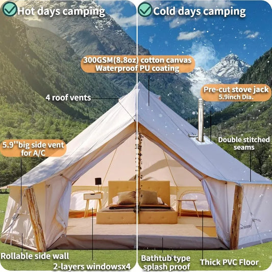 4 Season Canvas Bell Tent with 2 Stove Jacks, 4/6/8 Person
