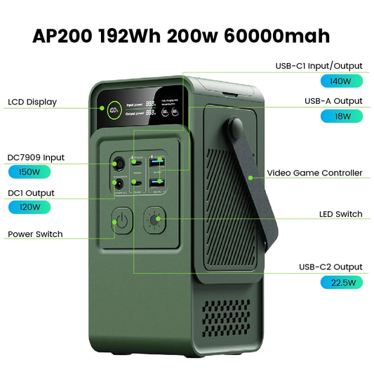 200W Power Bank 192Wh Lifepo4 Battery 60000mAh Solar Generator  Power Station LED Light