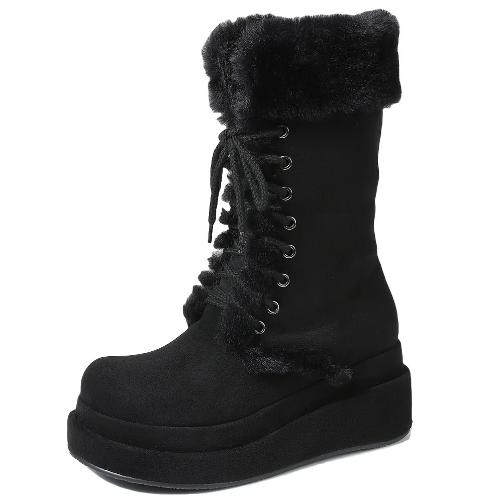 Winter Warm Faux Fur Mid Calf Snow Boots Platform Wedges  Side Zipper Lace-up Boots for Women