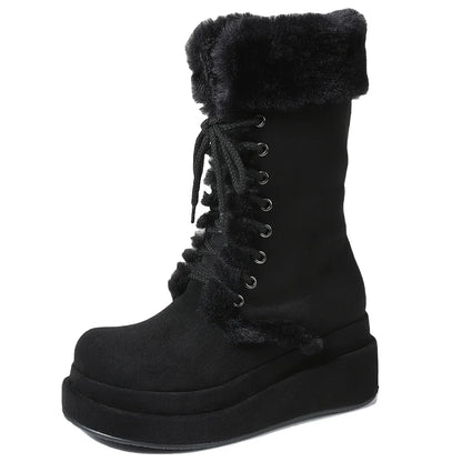 Winter Warm Faux Fur Mid Calf Snow Boots Platform Wedges  Side Zipper Lace-up Boots for Women