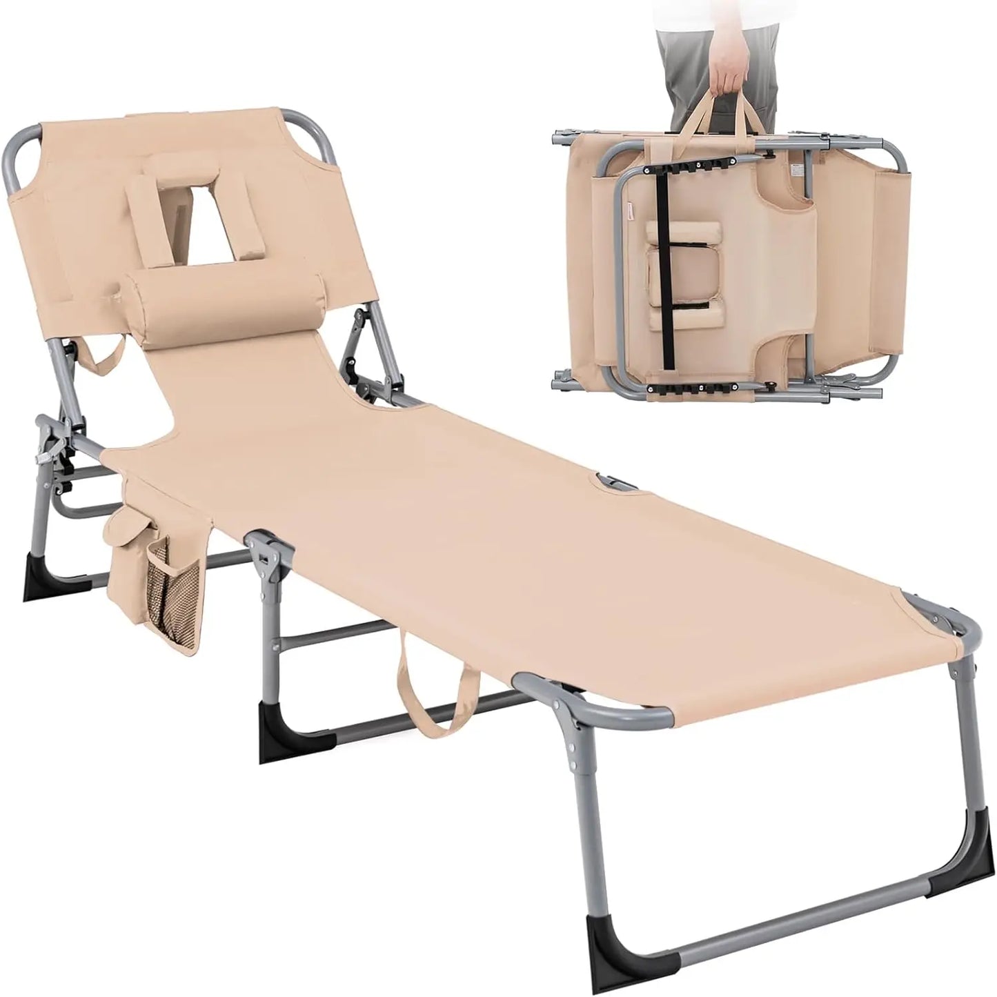 Beach Chaise Lounge Chair with Hole for Face, Patio Folding Adjustable Reclining Beach Sunbathing Chair with Side Pocket