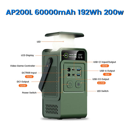 200W Power Bank 192Wh Lifepo4 Battery 60000mAh Solar Generator  Power Station LED Light
