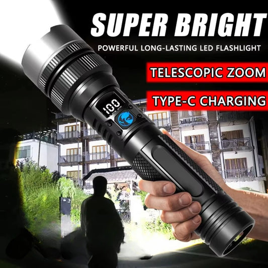 Powerful LED Flashlight With Zoom And Digital Display - Rechargeable Type-C