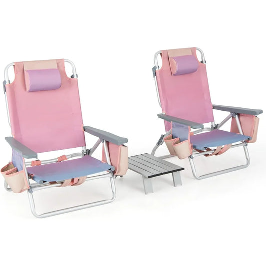 Folding Backpack Beach Chairs with  Head Pillow, Cooler Bag, Towel Bar, Cup Holders,