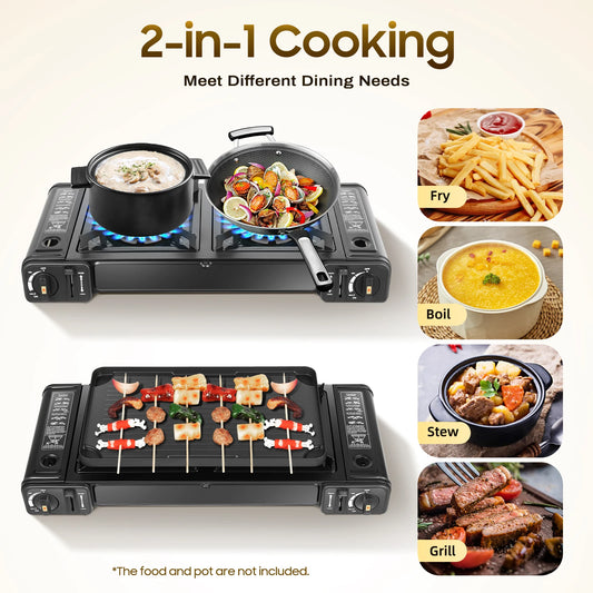 2in1 2-Burner Portable Stove, Kit w/Baking Pan and Carrying Case,