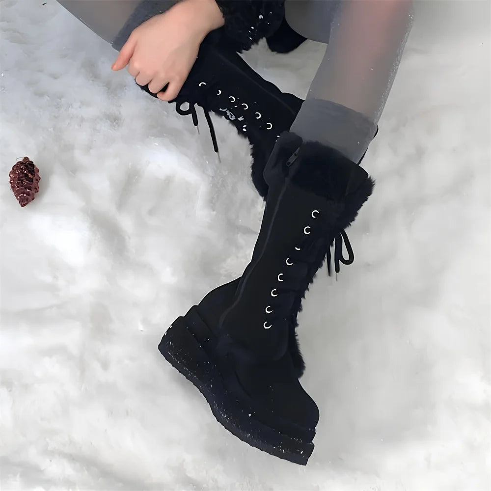 Winter Warm Faux Fur Mid Calf Snow Boots Platform Wedges  Side Zipper Lace-up Boots for Women