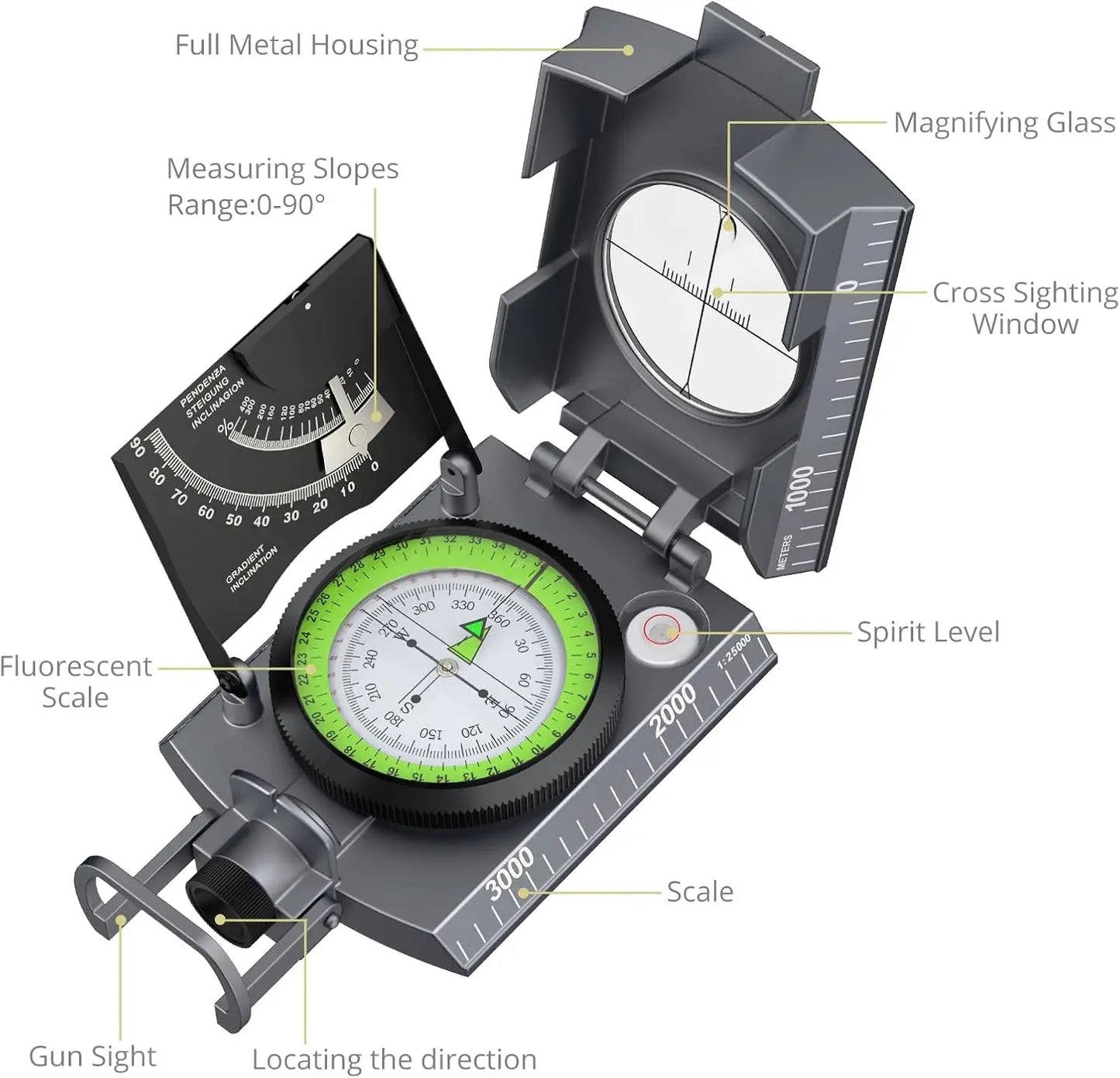Anbte Hiking,Waterproof Metal Compass with Clinometer,Lightweight